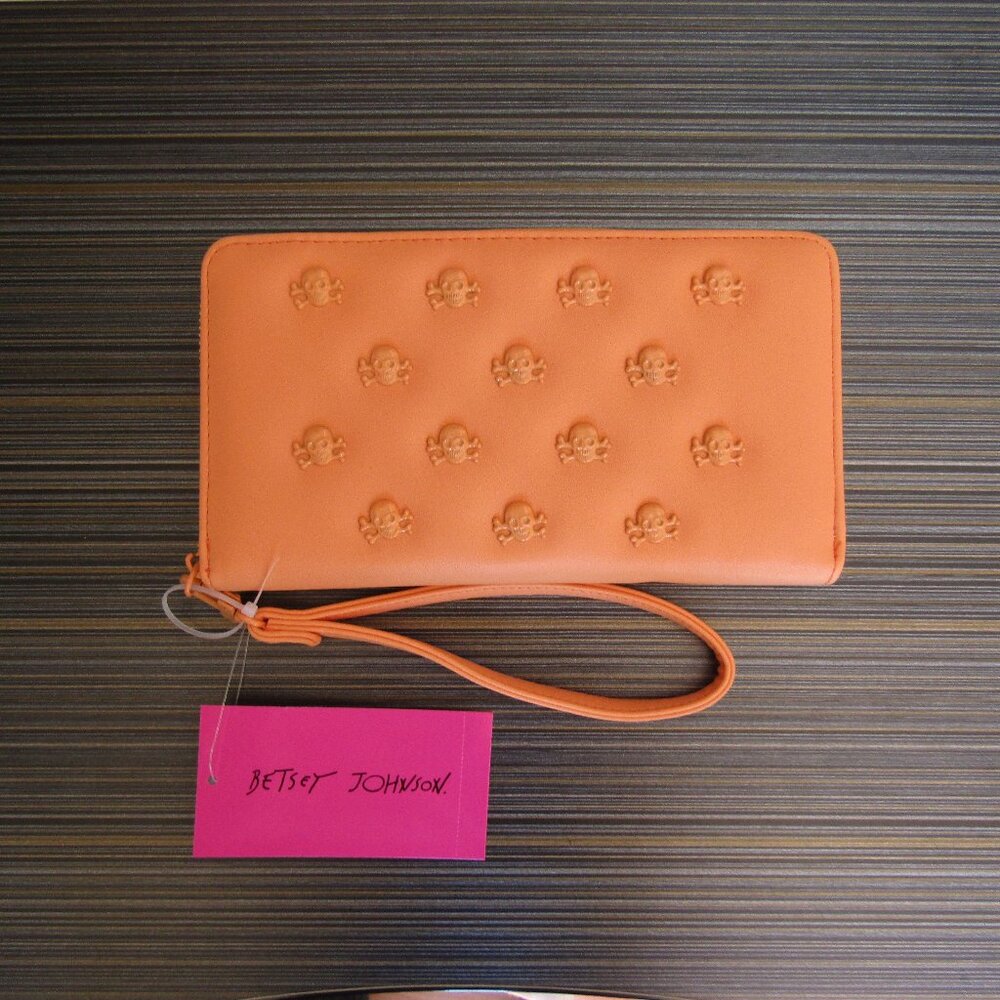 Betsey Johnson Orange Zip Around Wristlet Wallet Skull & Bones